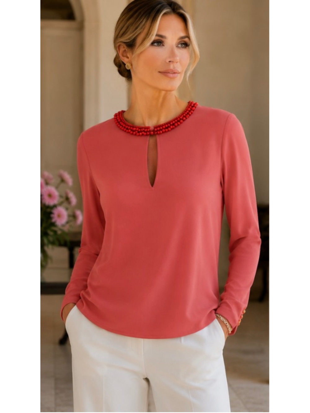 Gucci Tom Ford Era Silk Blouse Size 42/6 Coral Red Beaded Neckline NWT!
